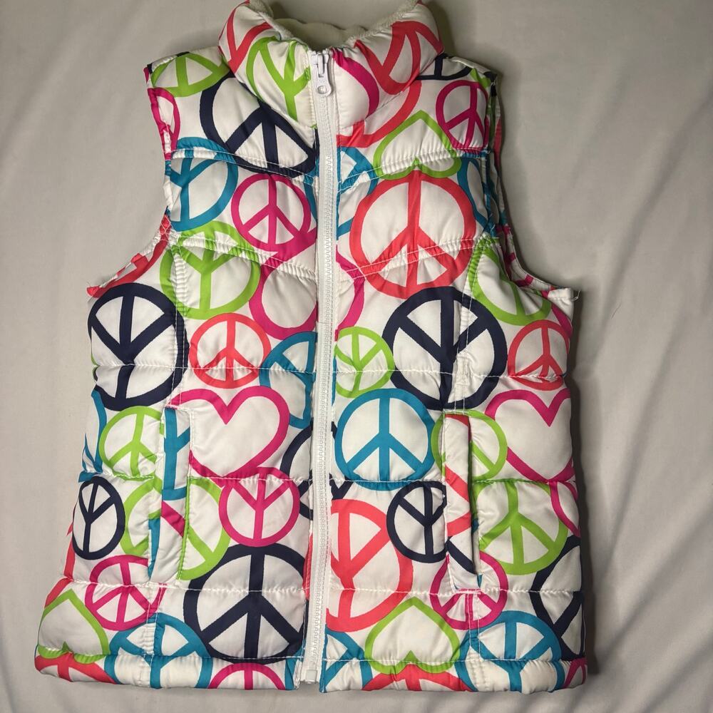 Old Navy Kids Girls Puffer Down Vest White With Peace Signs Size Medium 8 EUC